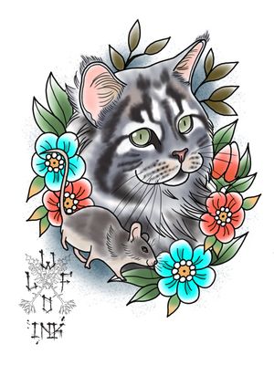 Traditional Maine Coon Cat Tattoo Flash