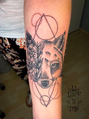 Geometric Fox with Flowers Tattoo by Elena Wolf