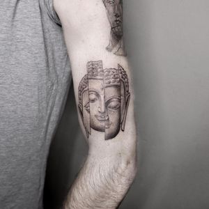 Explore peace and serenity with this black and gray illustrative Buddha tattoo by Oek. Perfect for those seeking inner enlightenment.