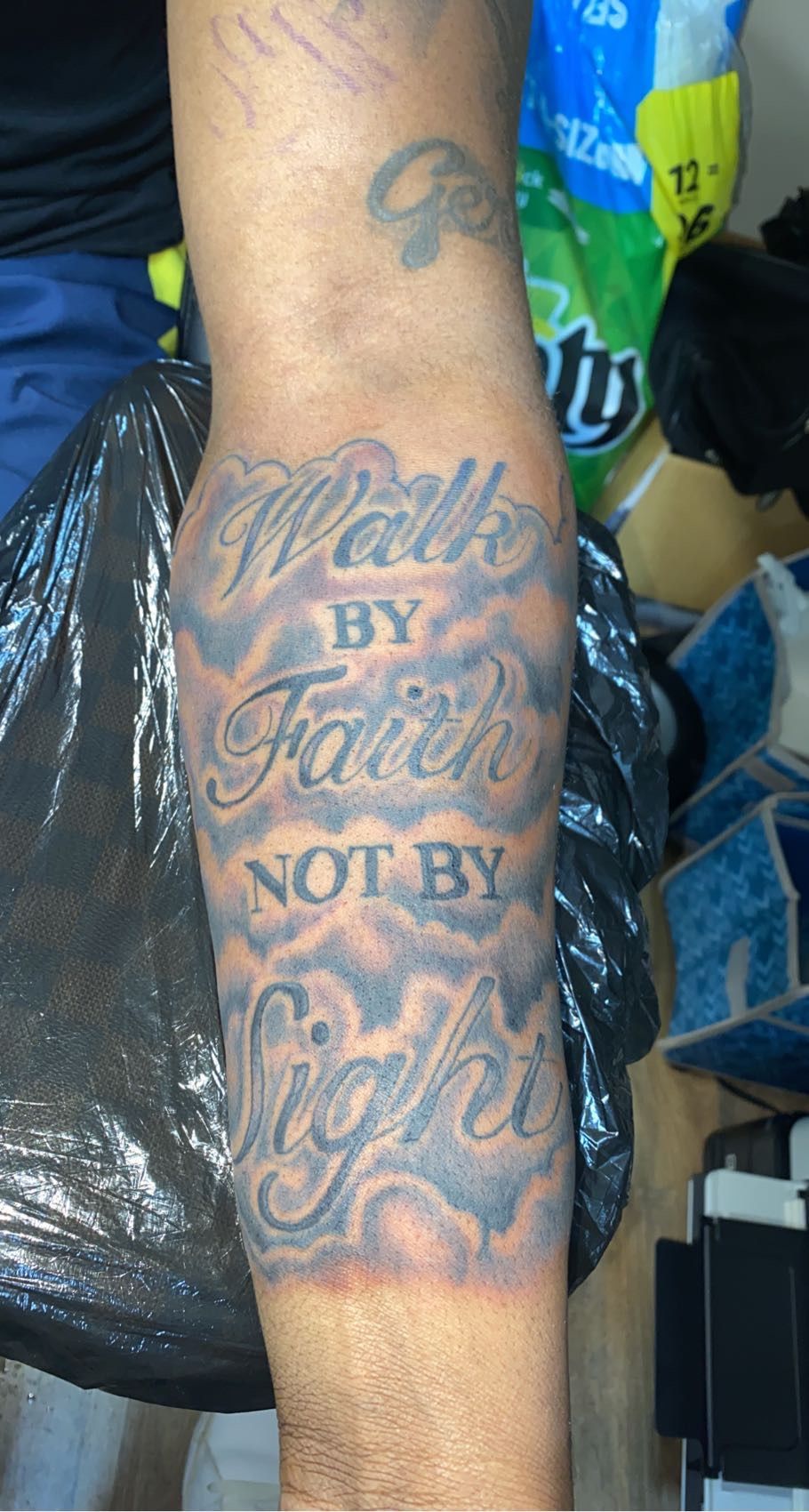 Walk By Faith Tattoo On Chest