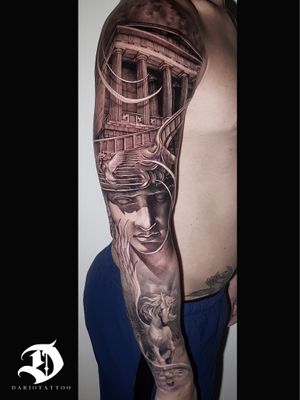 Greek theme full sleeve——————————#dariotattoorte #greektattoo #bng #sydney #graywash #tattoosformen #greek #pegasus #greektemple #greekstatue #statue #realism #tattoo #blackandgrey #details #sydney #tattoosydney #inked #tattoorealistic