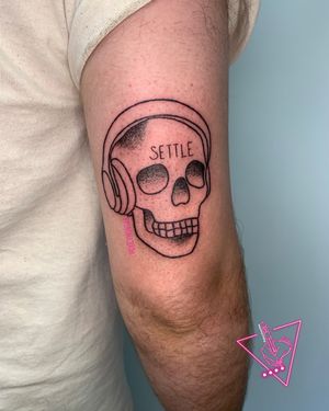 Hand-Poked Skull with Headphones Tattoo by Pokeyhontas @ KTREW Tattoo Birmingham, UK
