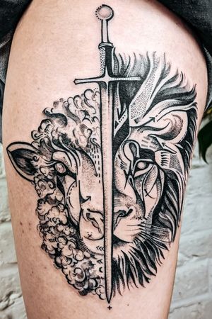 + Half & Half +Sheep Vs Lion strength tattoo 