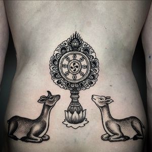 The Dharma Wheel, Dharmachakra ☸️ ; For Hendrik 🙏 I’m lucky to meet the most perserving and sincere people in the world as my clients. #customtattoo #tattoo #dharmachakra #buddhisttattoo #backtattoo #deertattoo #buddhism #tattoodesign #tattooideas #berlin #tattooer #berlintattooers #tattooberlin #bruxelles #brusselstattoo #tattooed #inked #blacktattoo #blackwork #blackworkers #tattooworkers #dotwork #symboltattoo #tattoodo @tattoodo #taot #tttism #thinkbeforeuink #tibet #temple #unicorn