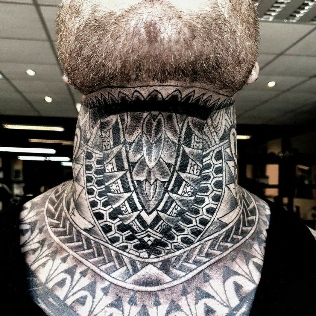 Tattoo uploaded by percy tat2holics • Geometric Tribal full throat tattoo •  Tattoodo