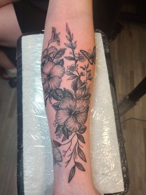 Hibiscus butterflies and hummingbird tattoo