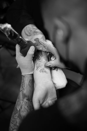 PROGRESS SHOT: AJ finishing up his realism tattoo done on the inner forearm of the client.