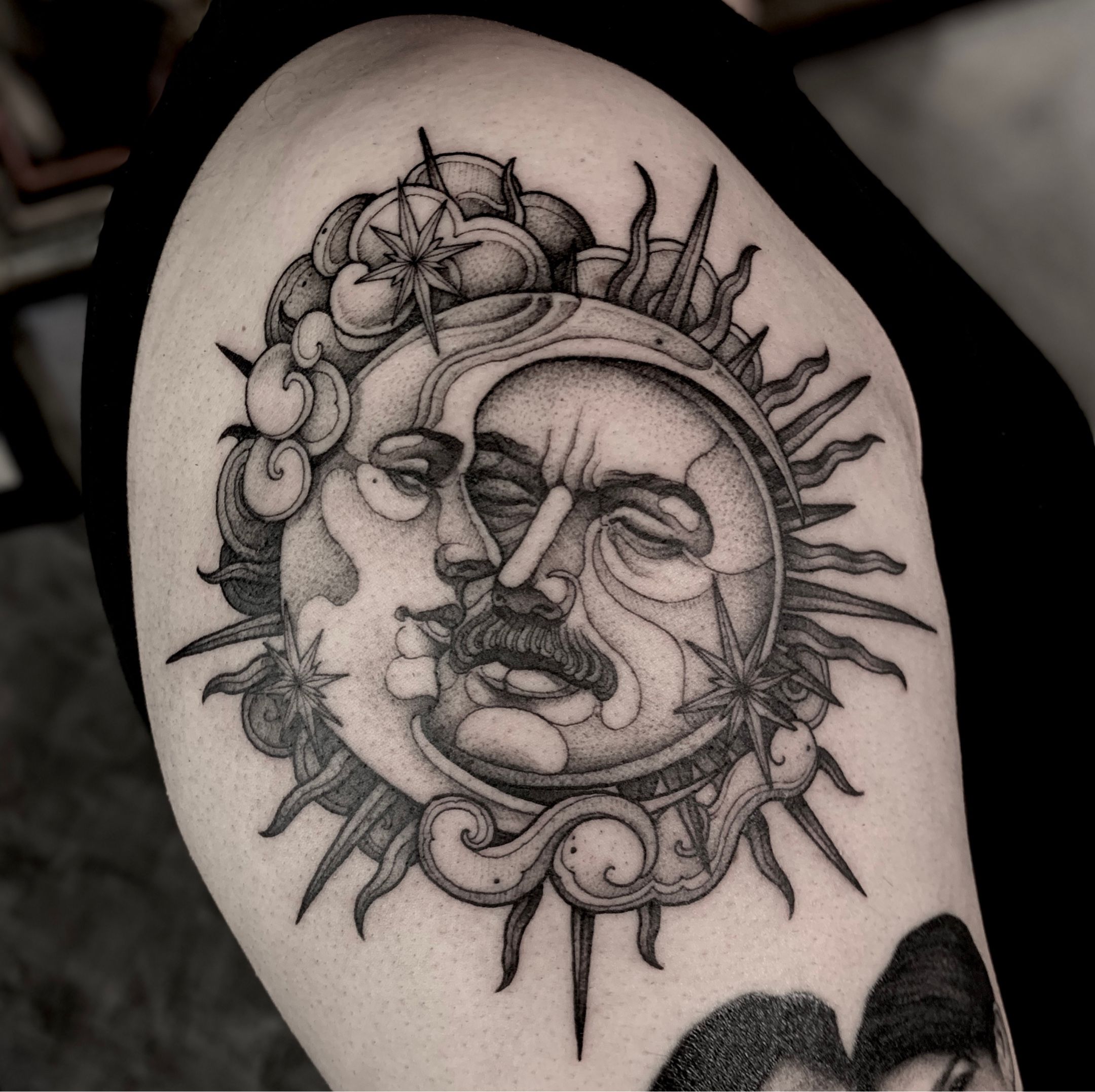 Grey Ink Mountains And Sun Tattoo On Half Sleeve