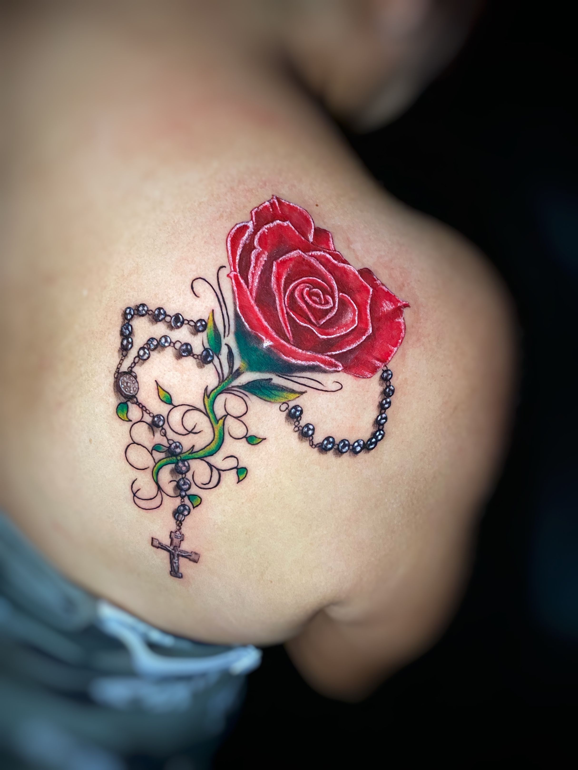 Rosary Roses by AlicornsAndUnigatorsdeviantartcom on deviantART  Ribbon  tattoos Cage tattoos Chest tattoos for women