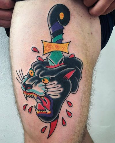  Bright and f$@ken bold, done by @diehonest 🔥•Walk In welcome alwaysinfo@kakluckytattoos.com or DM us for bookings enquiries☺️•#tattoo #tattoos #boldwillhold #colortattoo #capetown #capetowntattoo #traditional #panther #pantherhead #dagger #daggertattoo #kaapstad #kakluckytattoos