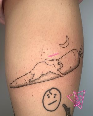 Hand-Poked Bunny On Carrot Rocket Tattoo by Pokeyhontas @ KTREW Tattoo - Birmingham UK #handpoke #stickandpoke #rabbit #tattoo #legtattoo #spacetattoo