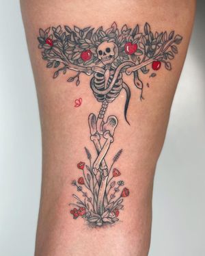 Tree, flower, skull, apple, and skeleton come together in a unique arm tattoo by Galen Bryce (aka Drip Skull).
