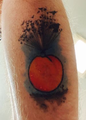 Peach tattoo Location: back of left calf Subject: James and the giant peach 