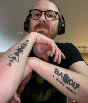 My two forearm tattoos Location(s): forearms Subject(s): my “Badwolf” tattoo and the moon phases tattoo.