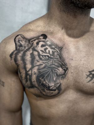 Bold blackwork tiger design on chest, perfect for fierce individuals in LA.