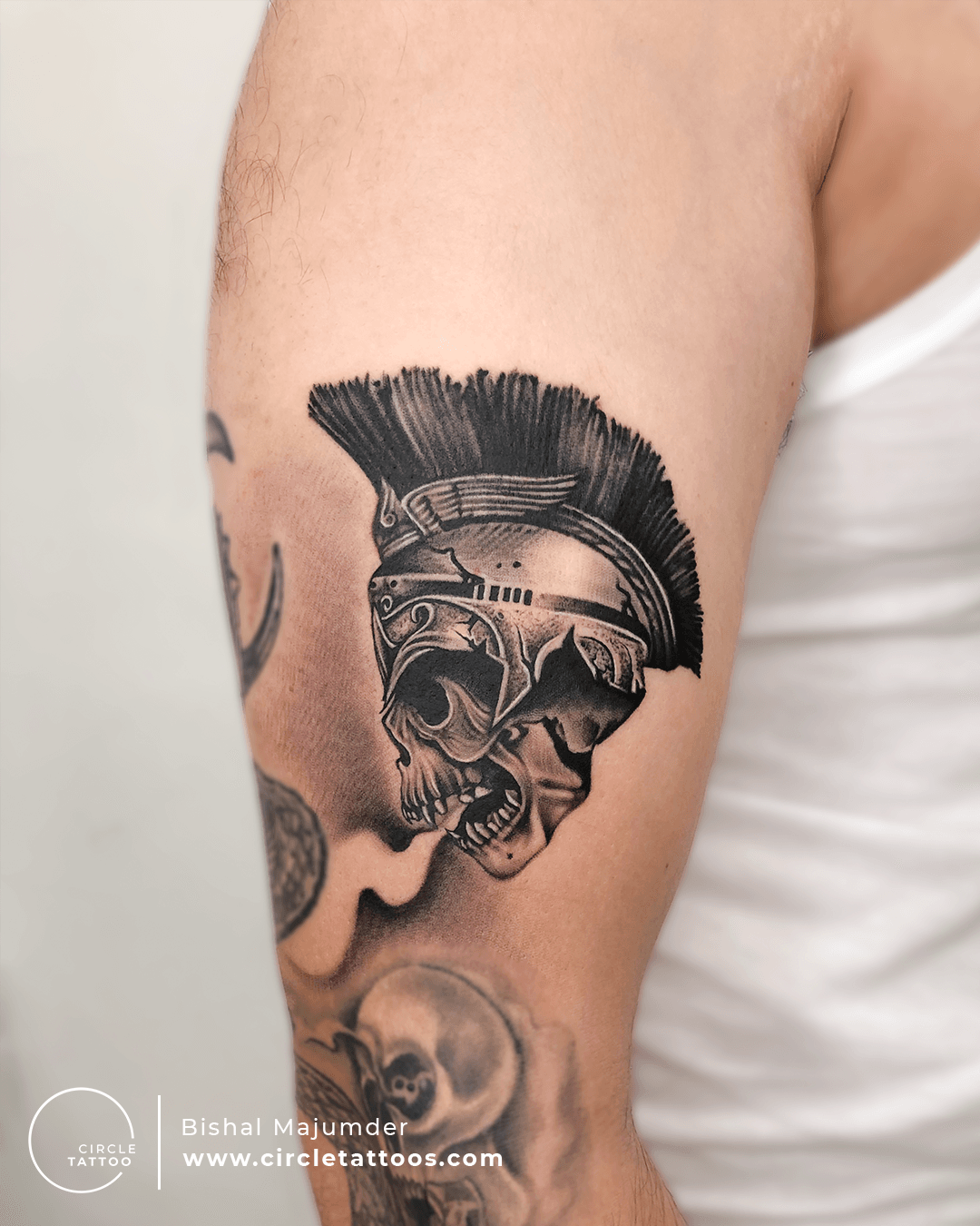 Skull in night's helm by David Victor at Welcome Tattoo, Durham NC : r/ tattoos