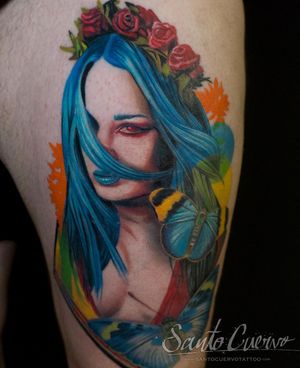 Beautiful butterfly and woman design on upper leg, expertly crafted with realistic and watercolor style by talented artist Alex Santo.