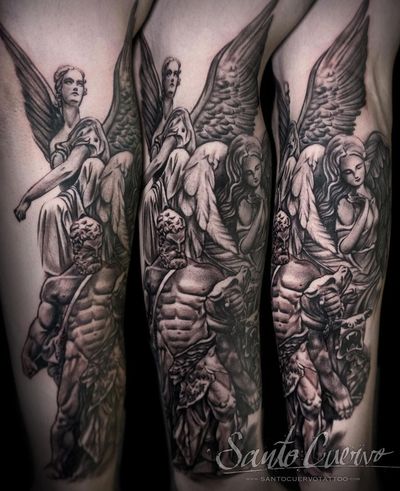 Elegant black and gray tattoo of an angelic statue by artist Alex Santo. Perfect for arm placement, showcasing a blend of beauty and spirituality.