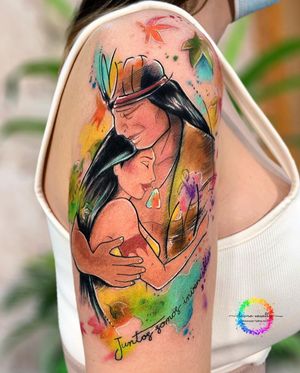 Pocahontas and her father  Disney acrylic watercolor style by laura caselles