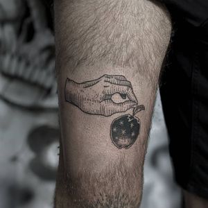 Fine line black and gray upper leg tattoo featuring a realistic hand holding an apple with a leaf, by artist Luca Salzano.