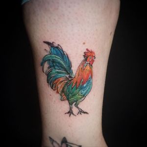 Vibrant watercolor rooster tattoo with intricate sketch details, beautifully done by Aygul on the lower leg.