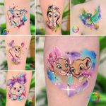 Dumbo, mulan, flirt, chip, aristocats, simba, nala, Disney acrylic watercolor style by laura caselles