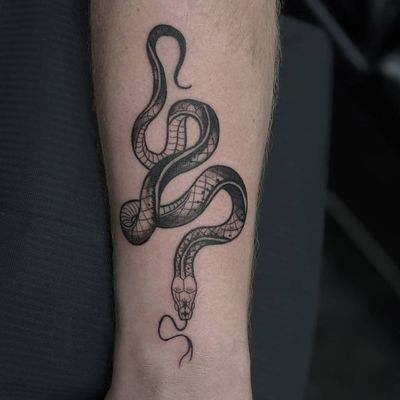 Elegant black and gray fine line forearm tattoo featuring a snake with its tounge out, created by Luca Salzano.