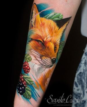 Vibrant watercolor fox with a hint of fruit and brush strokes by Alex Santo. Stunning realism meets artistic flair. 