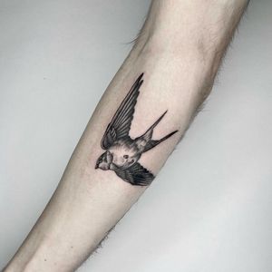 Micro-realism black and gray illustrative tattoo of a bird soaring on forearm by Lou. W.