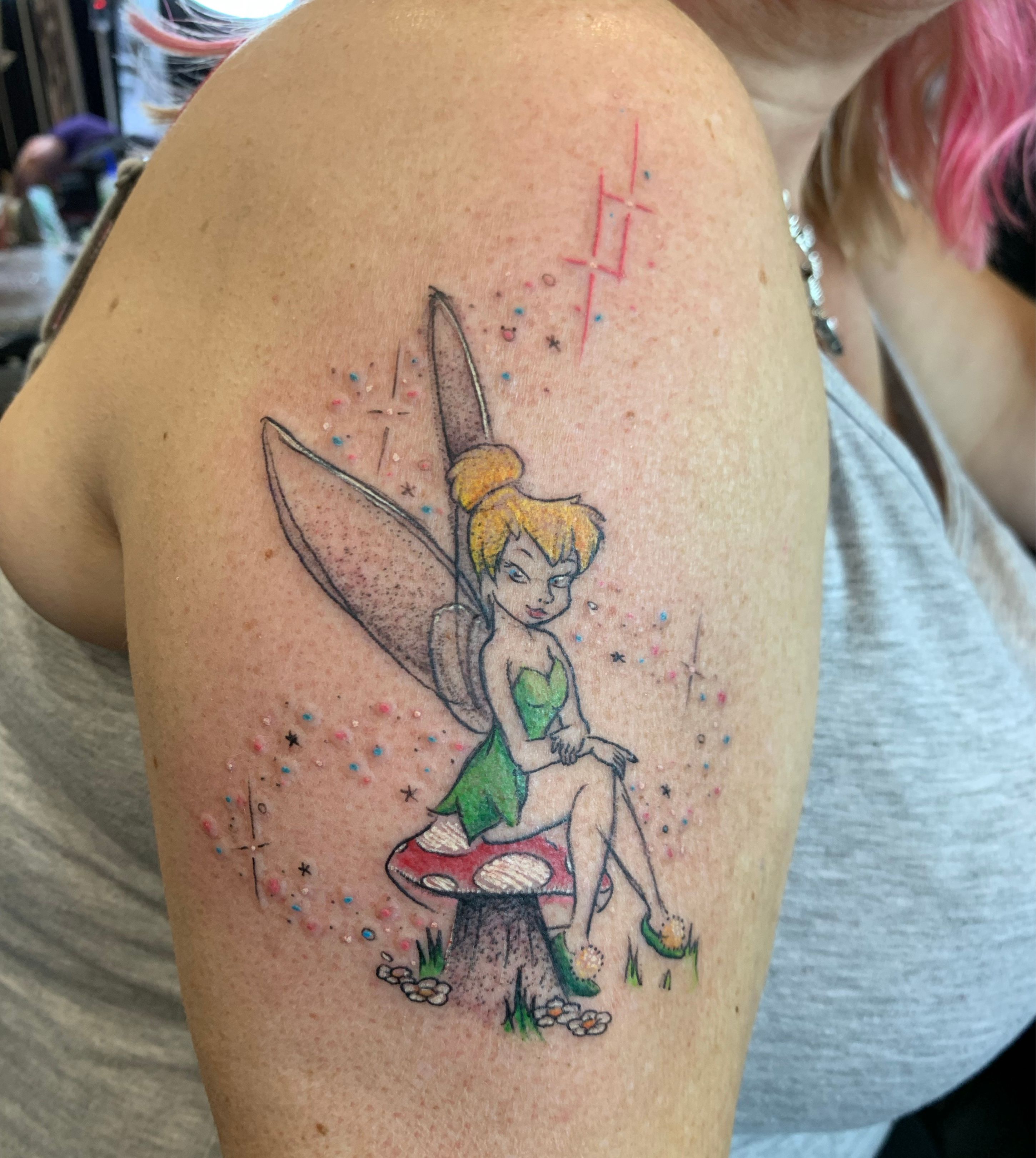 Watercolor Tinker Bell and believe tattoo on the