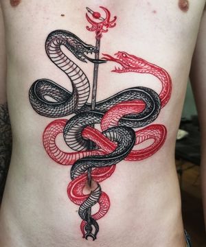 Elegant black and gray snake tattoo by Fernando Joergensen, beautifully wraps around the stomach.