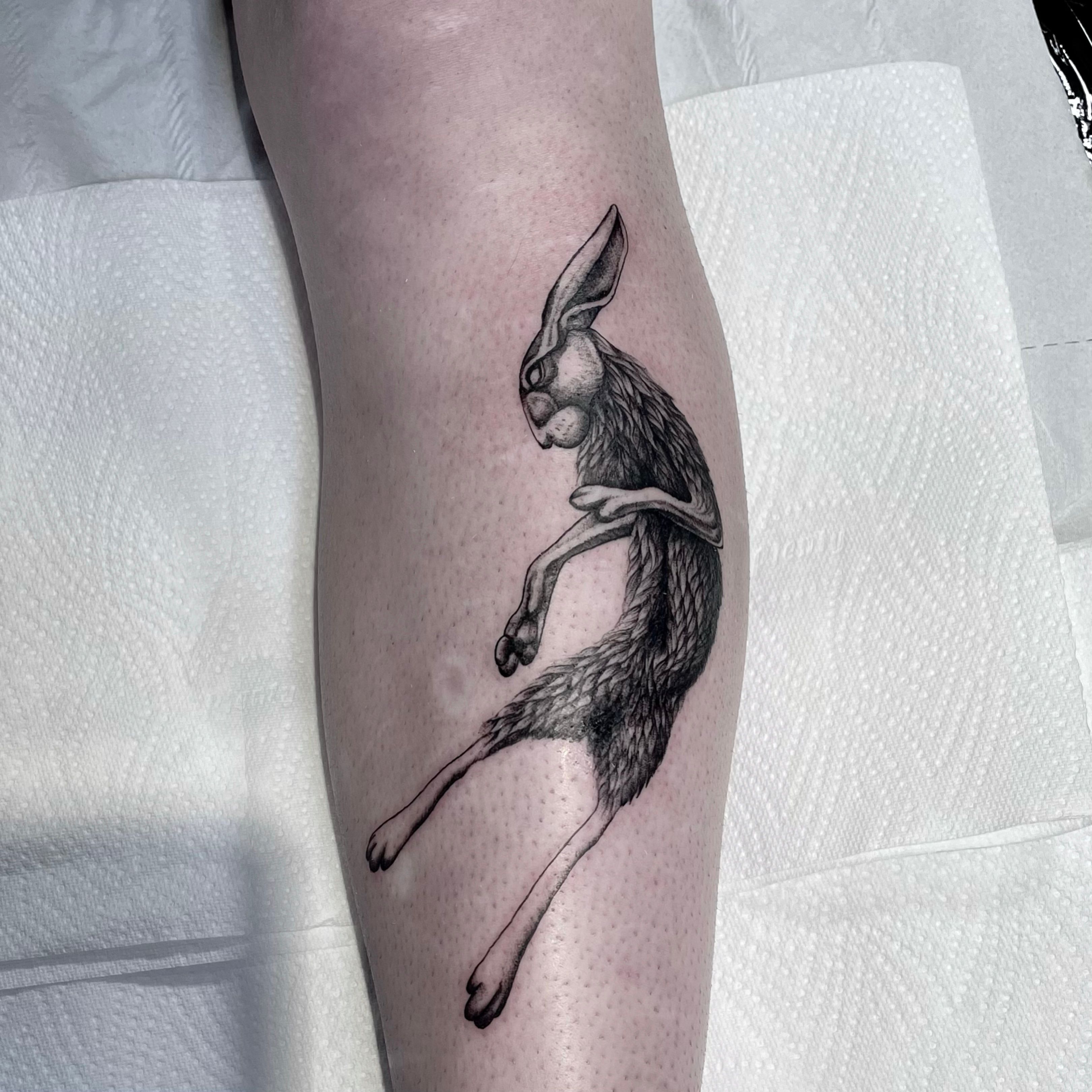 Tattoo uploaded by Lou. W. • Another one of my hare designs found a happy  home, thanks Libby! . #hare #haretattoo #bigrabbit #rabbittattoo  #animaltattoo #wildlifetattoo #furtexture • Tattoodo