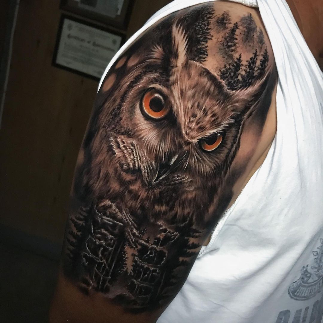 Realistic owl tattoo on the upper back. Tattoo... - Official Tumblr page  for Tattoofilter for Men and Women