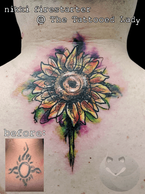 This was such a fun coverup! Love to mess around with some bright colors and sketchy/splashy styles. . . . . #SunflowerTattoo #CoverupTattoo #BackTattoo #SketchTattoo #WatercolorTattoo #Illustrative #tattoos #BodyArt #BodyMod #modification #ink #art #QueerArtist #QueerTattooist #MnArtist #MnTattoo #TattooArt #TattooDesign #TheTattooedLady #TattooedLadyMN #NikkiFirestarter #FirestarterTattoos #firestarter #MinnesotaTattoo #MNtattooers #DarkLab #FKiron #EternalInk #Saniderm #H2Ocean 