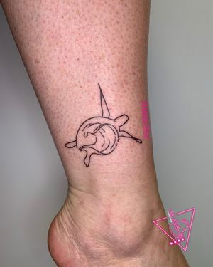 Hand-Poked Sea Turtle With Wave Tattoo by Pokeyhontas at KTREW Tattoo studio - Birmingham UK #seaturtle #ankle #turtle #tattoo #legtattoo #linework