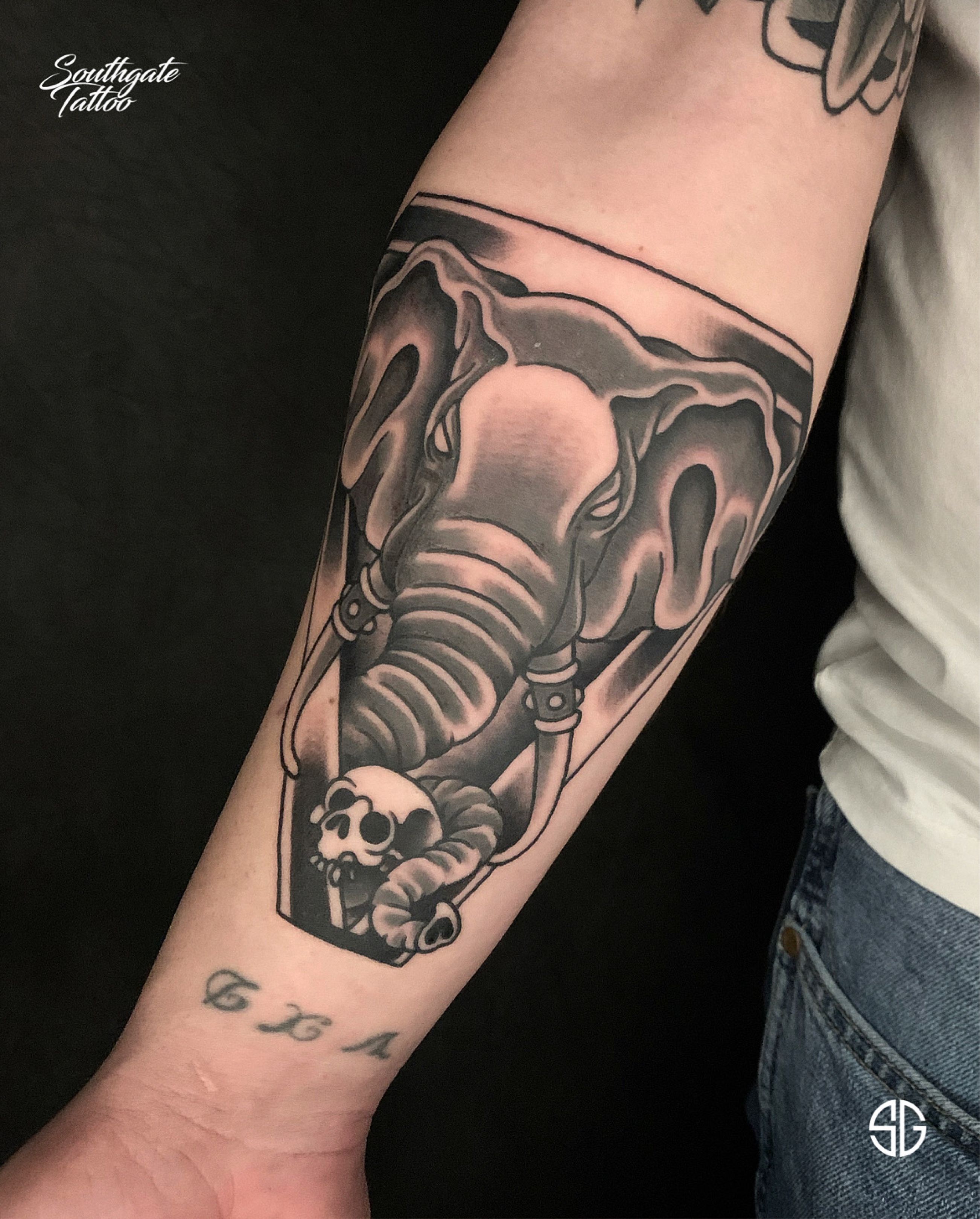 Elephant with the skull showing a bit This is an addition to an entire leg  sleeve of animal skulls done by a couple different artists  Instagram