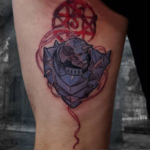 Alphonse elric hamstring tattoo. Thabk you for looking.#alphonse #elricbrothers #animeink #gamersink #fullmetalalchemist #nyc #nyctattooer 