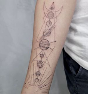Get a stunning fine line and geometric tattoo featuring moons and planets for your sleeve in LA.