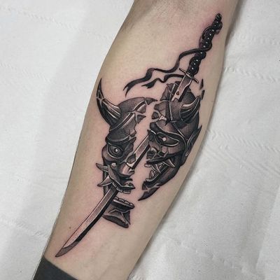 Get a stunning neo-traditional tattoo featuring a sword and hannya mask on your shin in London, GB.