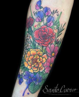 Elegant forearm tattoo of a stunning watercolor flower by the talented artist Aygul. Express your love for nature with this beautiful design.