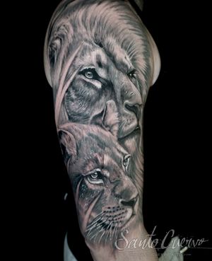 Capture the power and beauty of a lion and lioness in stunning black and gray realism on your upper arm in London.