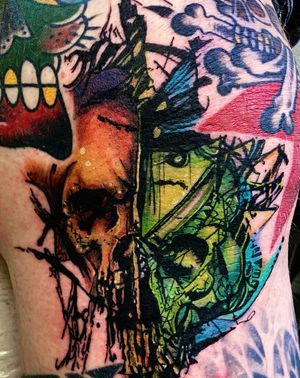 Color abstract Skull Gap filler! Other tattoos not by me. •••#graphictattoo #abstract #asbtracttattoo #trashtattoo #colorabstract #colortattoo #skull #skulltattoo #gapfiller #witchinghour #dermadonna #witchinghourNL #bobbygrey #witchinghourtattoo #destortion #chaostattoo #dutchtattooers #balmtattoo #pantheraink #fkironsexo #tattooer #tattooinspiration #tattooideas #customtattoo #amsterdamtattooshop #amsterdamtattoo #redlightdistrict #tattoo #guyswithtattoos #abstractblackwork 