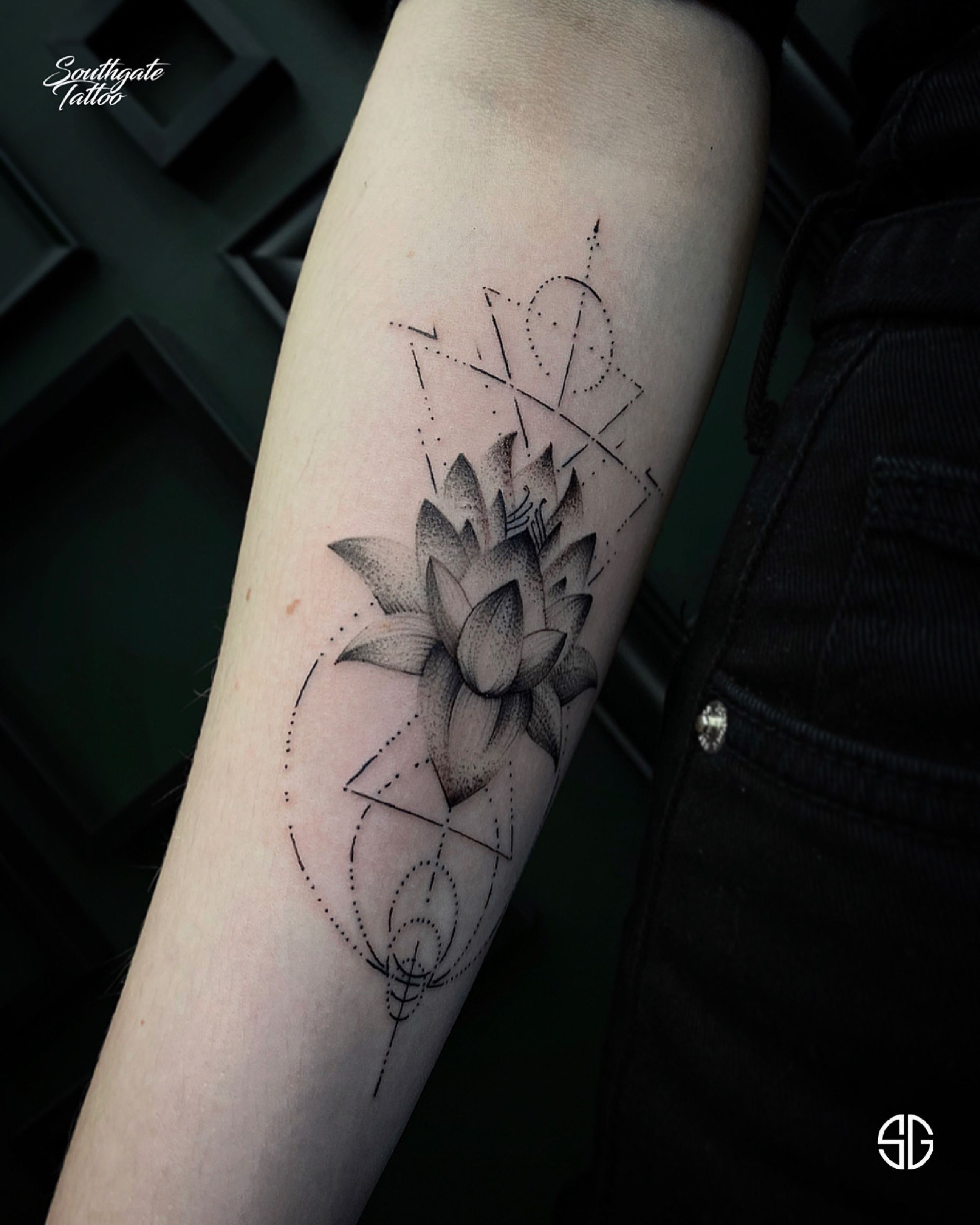 Tattoo uploaded by Daniel Hughes • Geometric sleeve with lotus flowers •  Tattoodo