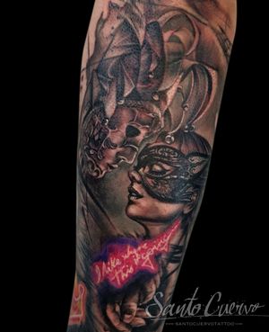A stunning blend of neo-traditional and realism styles featuring a mysterious mask, elegant woman, and playful fool. Perfect for London tattoo enthusiasts.