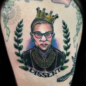 The NOTORIOUS RBG. Color here is all fresh, linework is healed aside from a few spots that got a lil touchup. This is part of a trad sleeve that has been in the works. Also, he brought me this RBG pop figure to reside over my tattoo station, hehehe. 🥺 . . . . #RBG #RBGtattoo #TraditionalTattoo #AmericanTraditional #TraditionalRBG #NotoriousRBG #tattoos #BodyArt #BodyMod #modification #ink #art #QueerArtist #QueerTattooist #MnArtist #MnTattoo #TattooArt #TattooDesign #TheTattooedLady #TattooedLadyMN #NikkiFirestarter #FirestarterTattoos #firestarter #MinnesotaTattoo #MNtattooers #DarkLab #FKiron #EternalInk #Saniderm #H2Ocean 