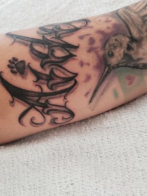 My wife's arm with a hummingbird becuz she is my beautiful hummingbird an our sons name on top I wanted his name looking real sick an it came out beautiful  love it...