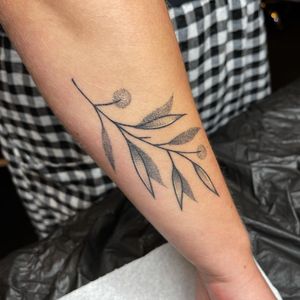 Adorn your forearm with a stunning illustrative sprig design, expertly crafted by tattoo artist Chris Harvey in fine line dotwork style.