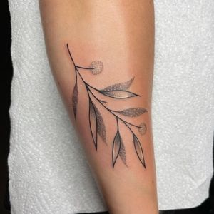 Unique fine line illustrative tattoo of leaf sprig by artist Chris Harvey for a striking forearm piece.