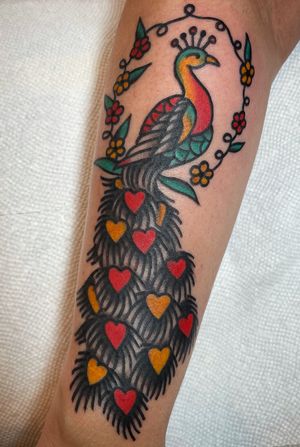 #peacock Done at Greenhouse in Asheville NC, USA. Email info@greenhouseavl.com for appointments. #peacocktattoo #traditionaltattoo 