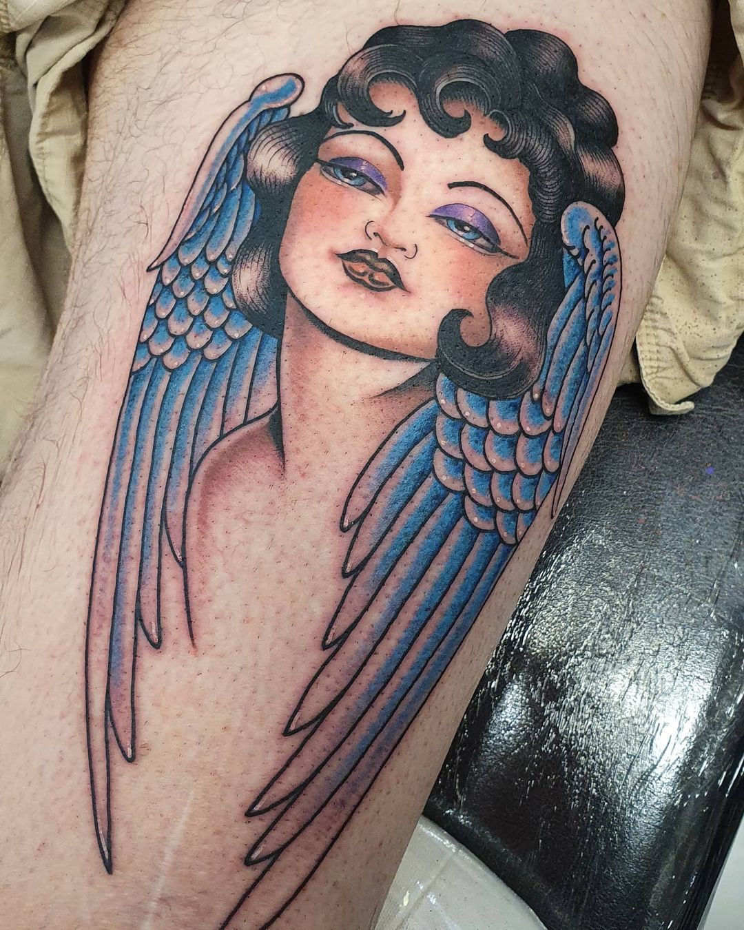 praying angel with red line detail tattoo done by Raum @ Chronic Ink,  Toronto : r/tattoos